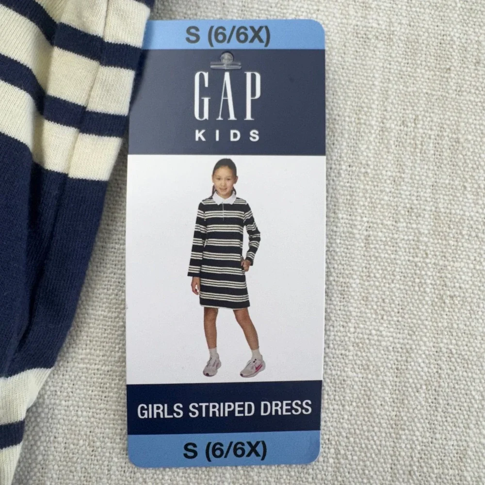 Gap Kids Girls Striped Rugby Dress Navy Cream Long Sleeve Cotton S‎ 6/6X NEW